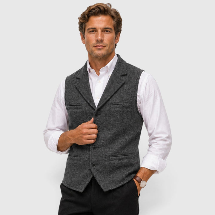 Men's Tailored Herringbone Wool Waistcoat with Lapel