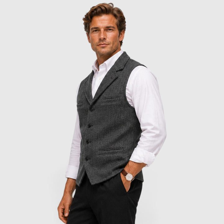 Men's Tailored Herringbone Wool Waistcoat with Lapel