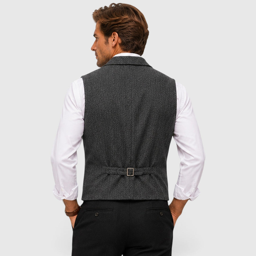 Men's Tailored Herringbone Wool Waistcoat with Lapel