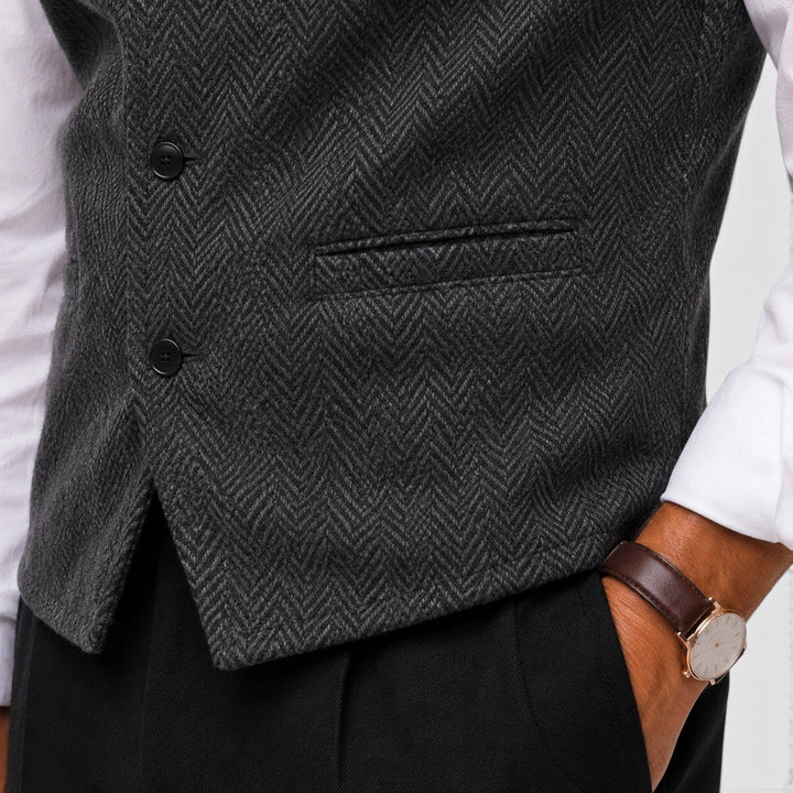 Men's Tailored Herringbone Wool Waistcoat with Lapel