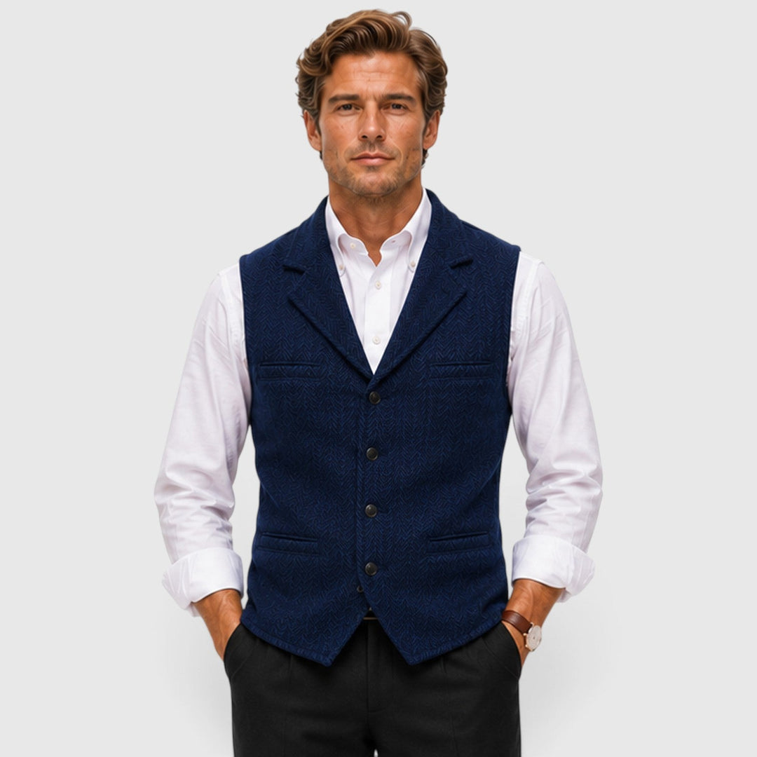 Men's Tailored Herringbone Wool Waistcoat with Lapel