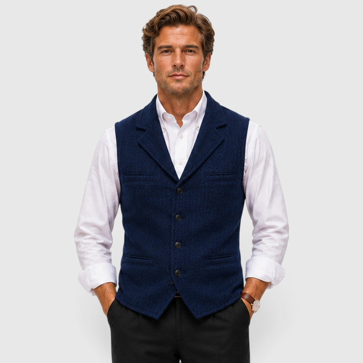 Men's Tailored Herringbone Wool Waistcoat with Lapel