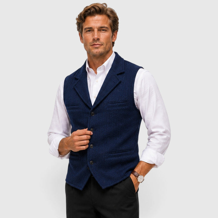 Men's Tailored Herringbone Wool Waistcoat with Lapel