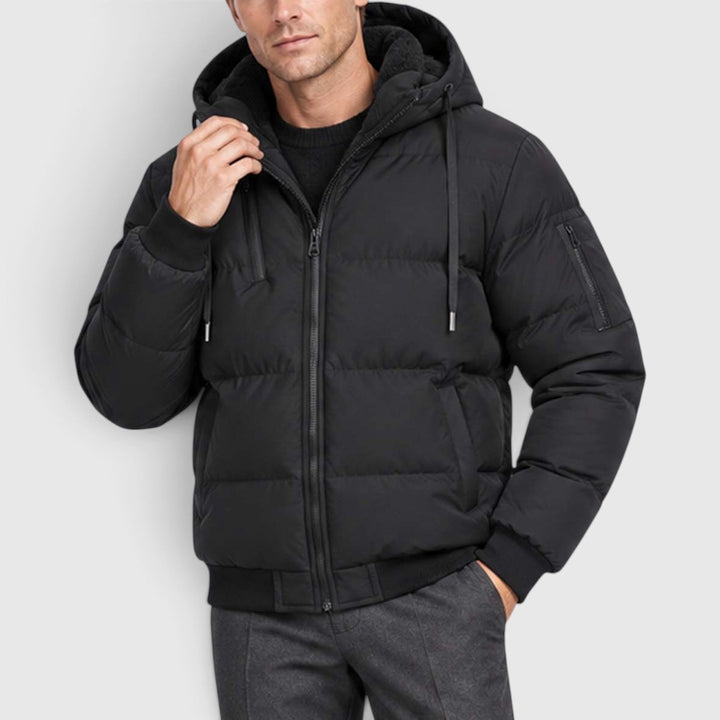 Men's Warm Hooded Plush Puffer Jacket with Zip-Up Closure