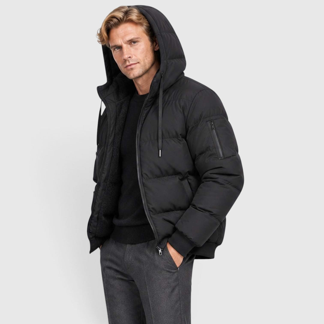 Men's Warm Hooded Plush Puffer Jacket with Zip-Up Closure