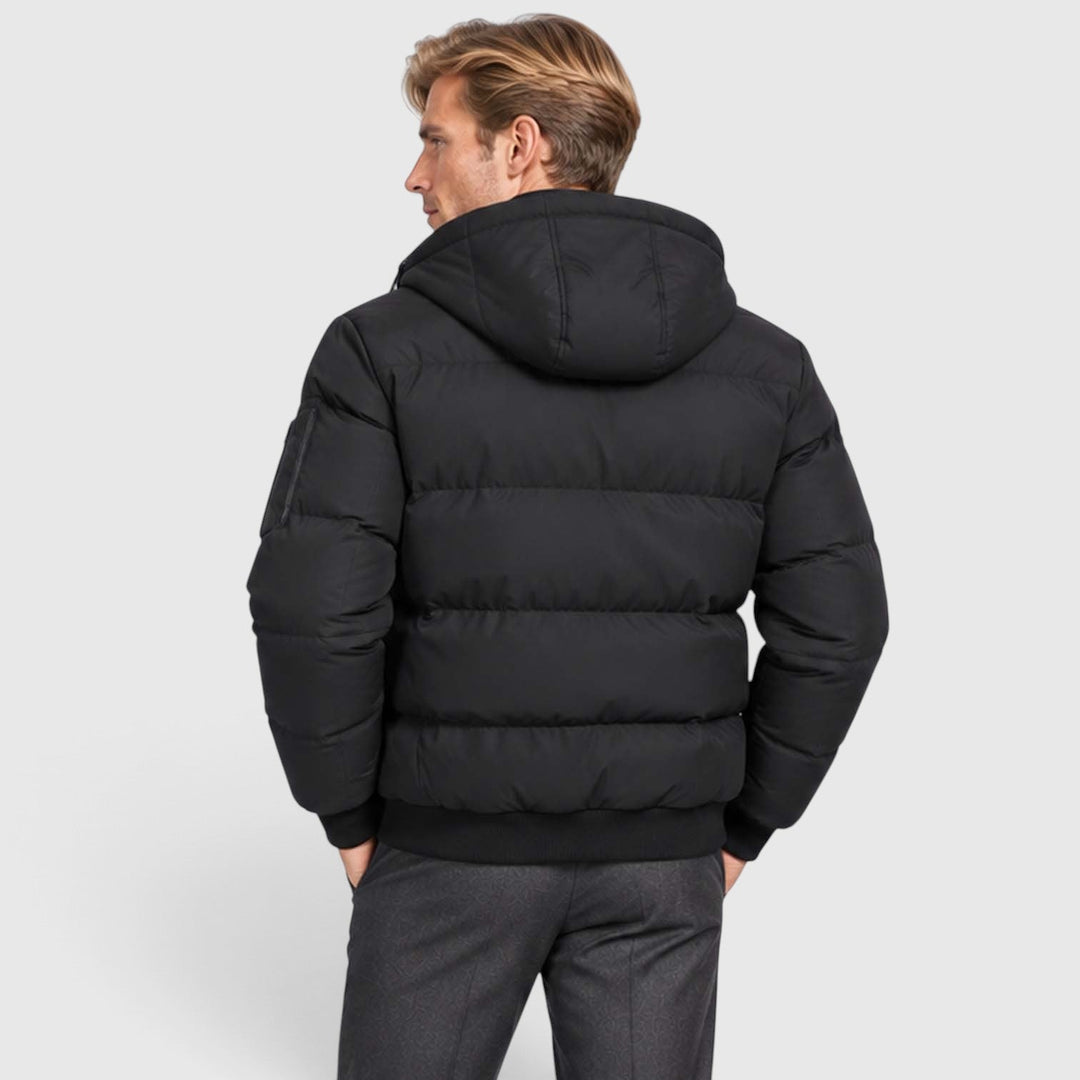 Men's Warm Hooded Plush Puffer Jacket with Zip-Up Closure
