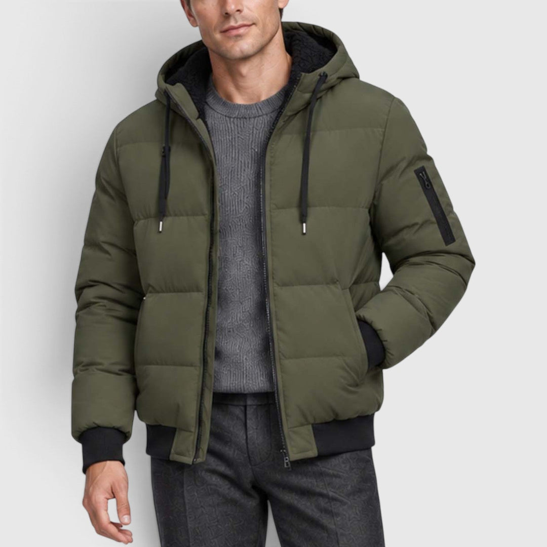 Men's Warm Hooded Plush Puffer Jacket with Zip-Up Closure