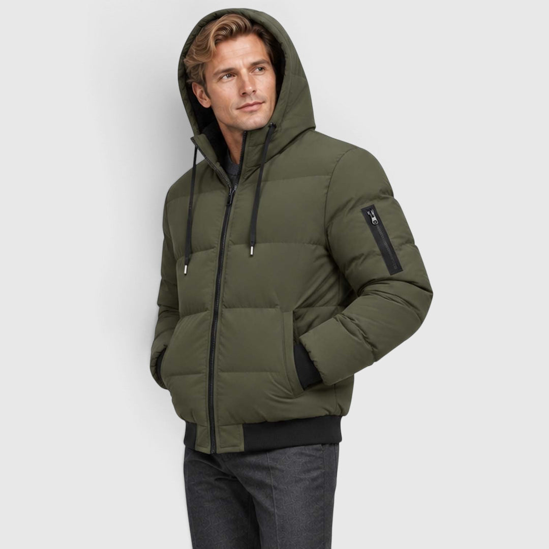 Men's Warm Hooded Plush Puffer Jacket with Zip-Up Closure
