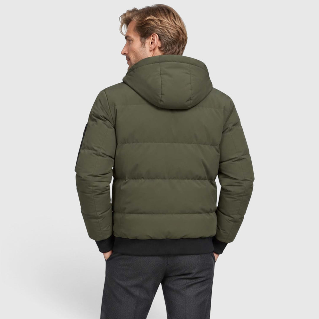 Men's Warm Hooded Plush Puffer Jacket with Zip-Up Closure