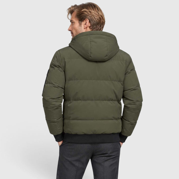 Men's Warm Hooded Plush Puffer Jacket with Zip-Up Closure