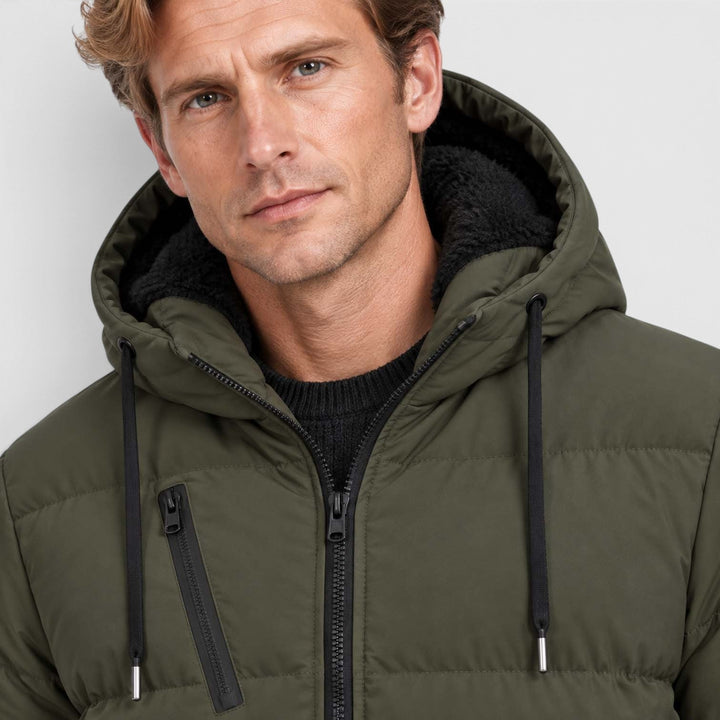 Men's Warm Hooded Plush Puffer Jacket with Zip-Up Closure