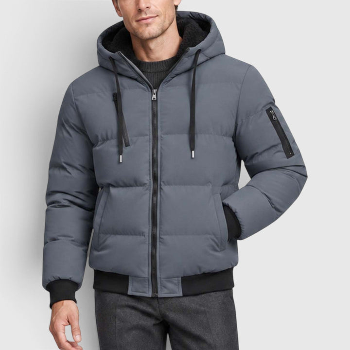 Men's Warm Hooded Plush Puffer Jacket with Zip-Up Closure