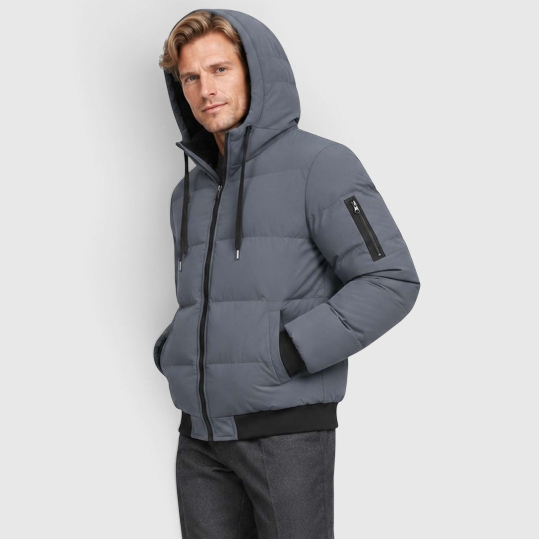 Men's Warm Hooded Plush Puffer Jacket with Zip-Up Closure