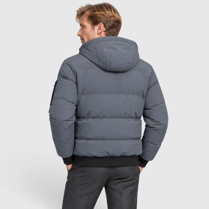 Men's Warm Hooded Plush Puffer Jacket with Zip-Up Closure