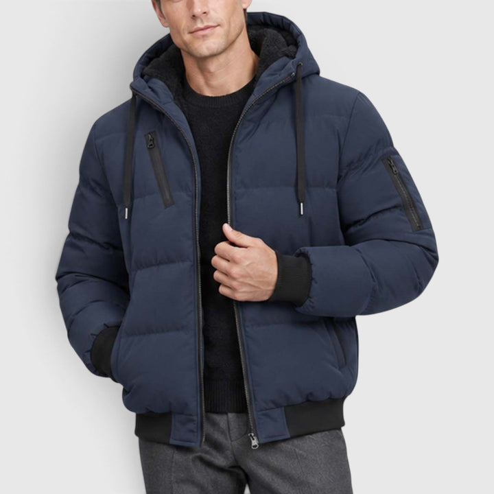 Men's Warm Hooded Plush Puffer Jacket with Zip-Up Closure