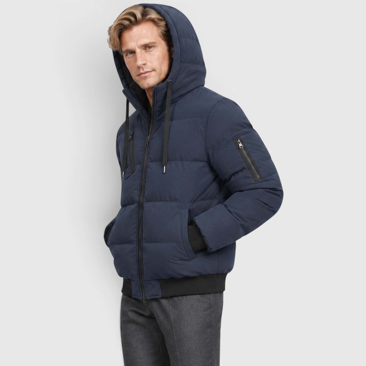 Men's Warm Hooded Plush Puffer Jacket with Zip-Up Closure