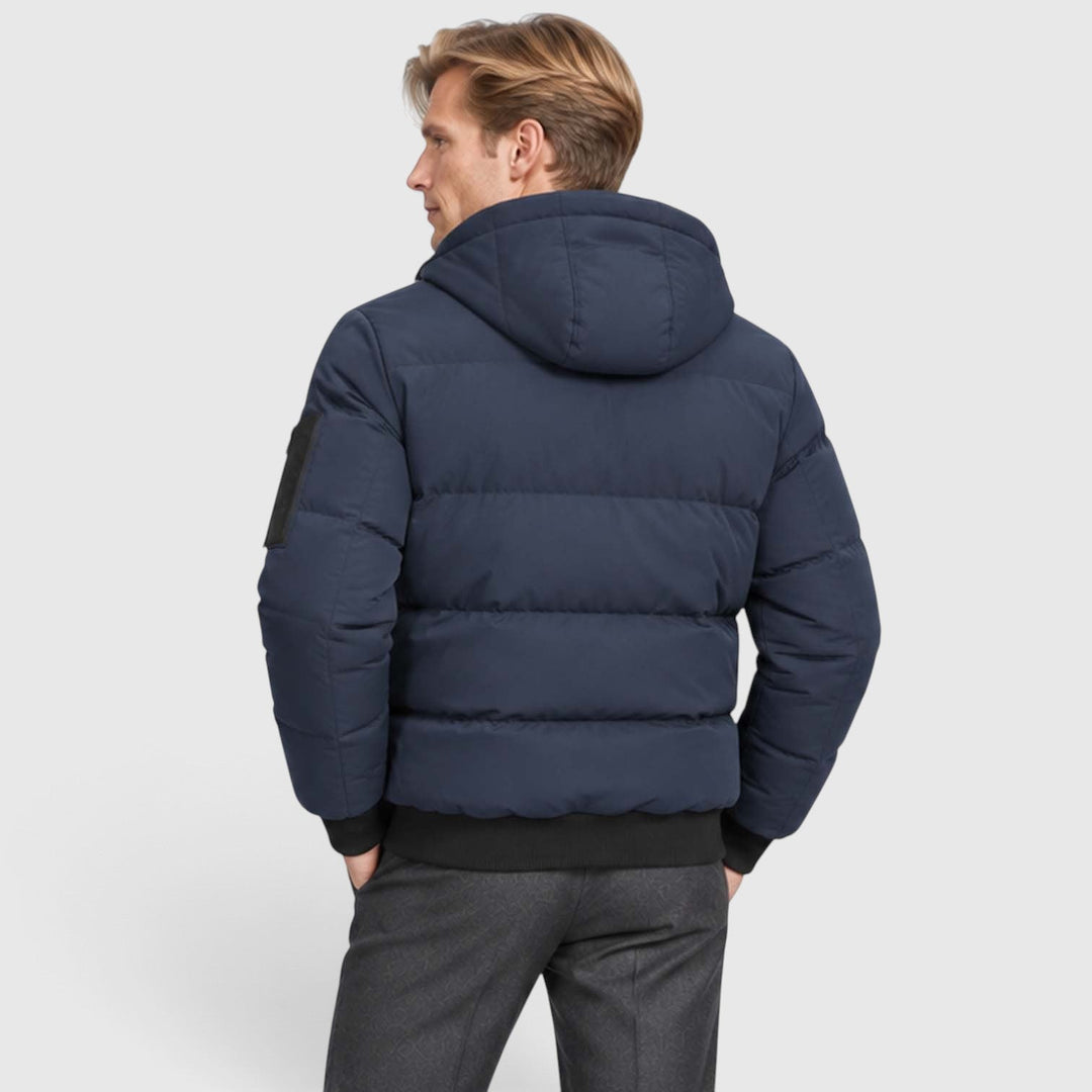Men's Warm Hooded Plush Puffer Jacket with Zip-Up Closure