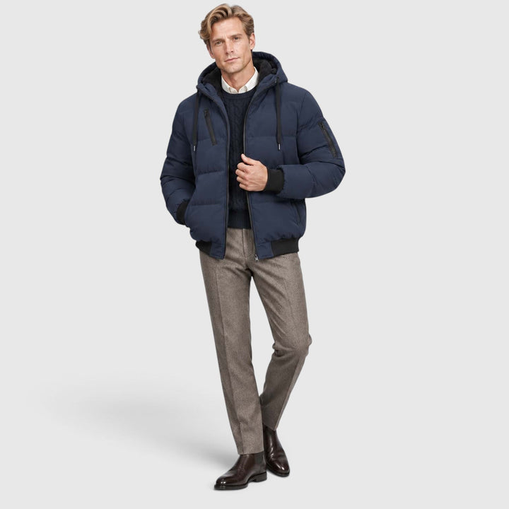 Men's Warm Hooded Plush Puffer Jacket with Zip-Up Closure