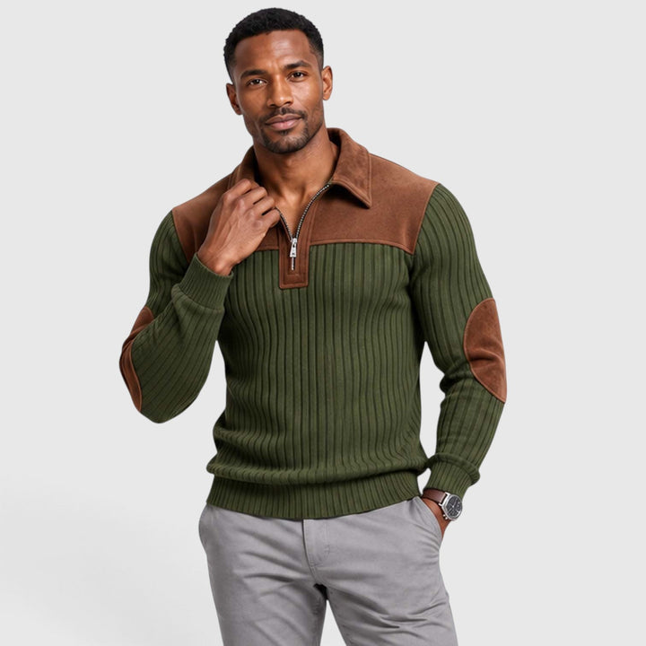 Men's Classic Jacquard Knit Quarter-Zip Pullover with Contrast Collar