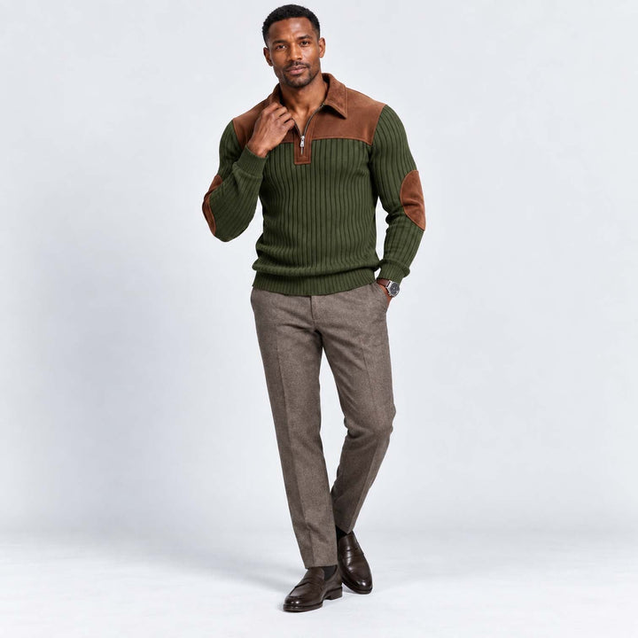 Men's Classic Jacquard Knit Quarter-Zip Pullover with Contrast Collar