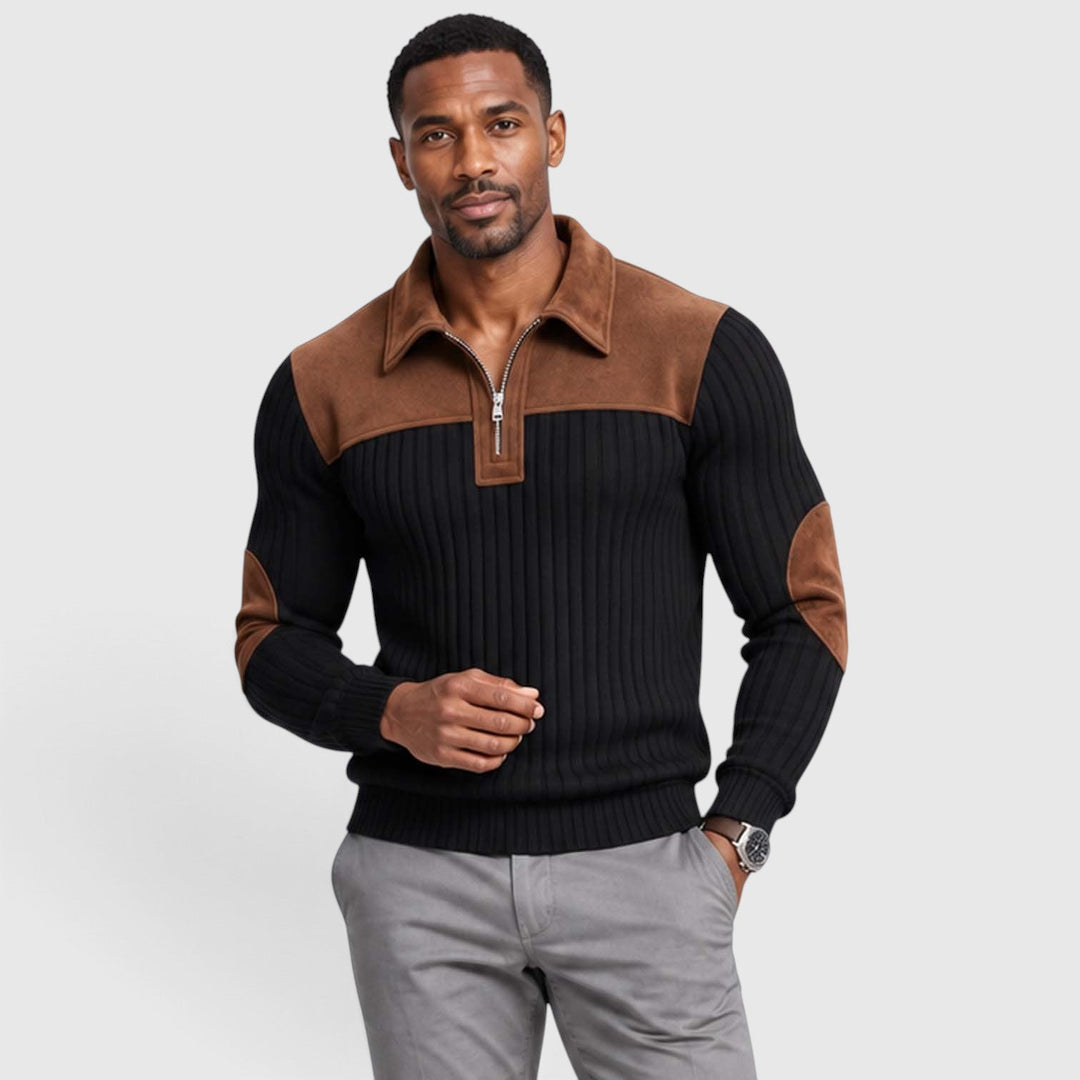 Men's Classic Jacquard Knit Quarter-Zip Pullover with Contrast Collar