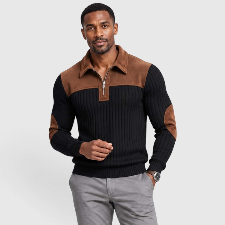 Men's Classic Jacquard Knit Quarter-Zip Pullover with Contrast Collar