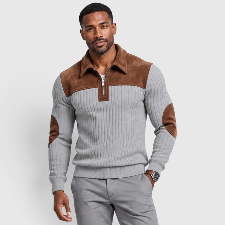 Men's Classic Jacquard Knit Quarter-Zip Pullover with Contrast Collar