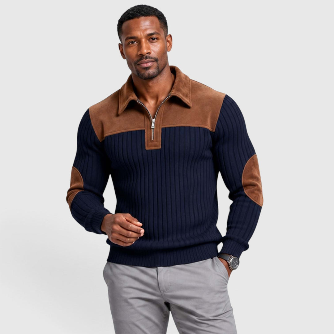 Men's Classic Jacquard Knit Quarter-Zip Pullover with Contrast Collar