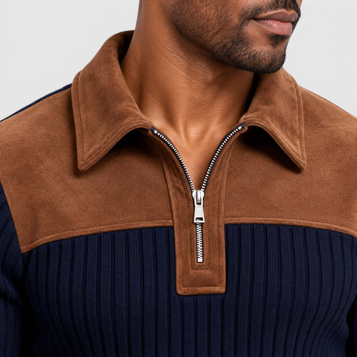 Men's Classic Jacquard Knit Quarter-Zip Pullover with Contrast Collar