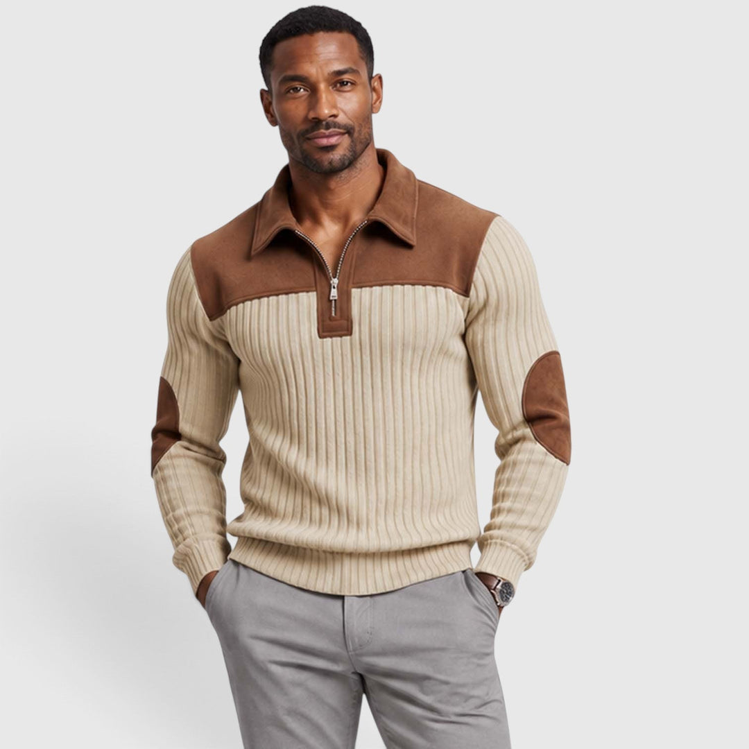 Men's Classic Jacquard Knit Quarter-Zip Pullover with Contrast Collar