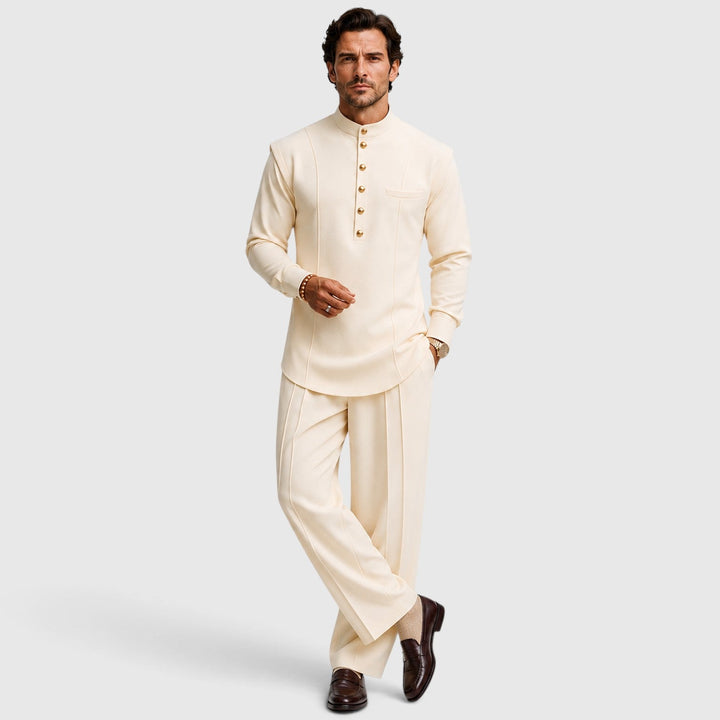 Men's Casual Mandarin Collar Cotton Two-Piece Set with Wide-Leg
