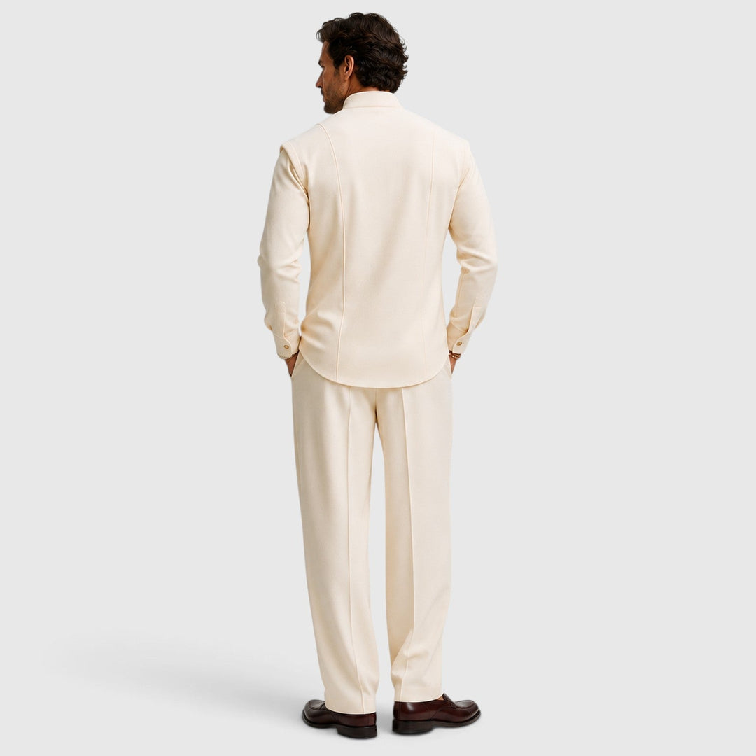 Men's Casual Mandarin Collar Cotton Two-Piece Set with Wide-Leg