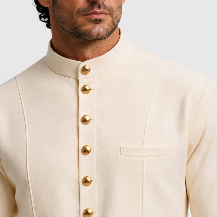 Men's Casual Mandarin Collar Cotton Two-Piece Set with Wide-Leg