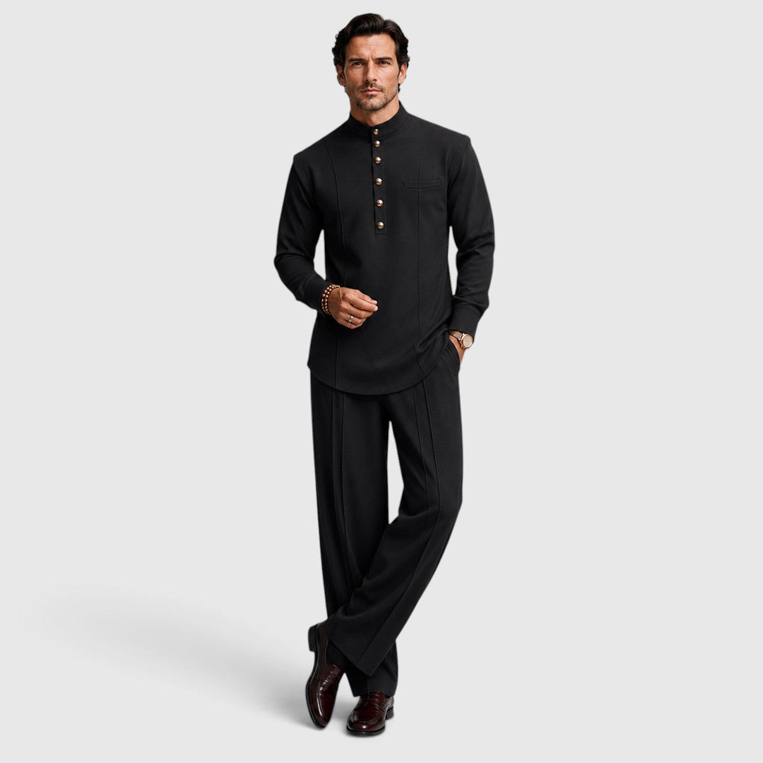 Men's Casual Mandarin Collar Cotton Two-Piece Set with Wide-Leg