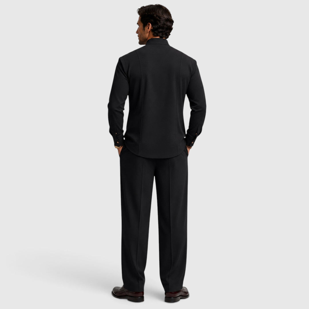 Men's Casual Mandarin Collar Cotton Two-Piece Set with Wide-Leg