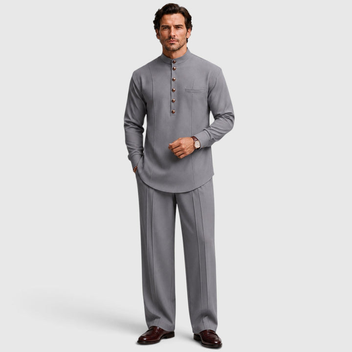 Men's Casual Mandarin Collar Cotton Two-Piece Set with Wide-Leg