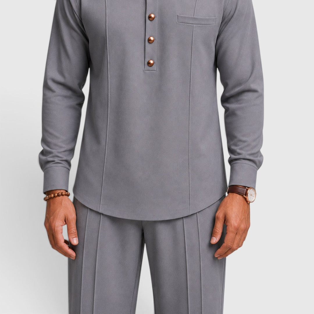 Men's Casual Mandarin Collar Cotton Two-Piece Set with Wide-Leg
