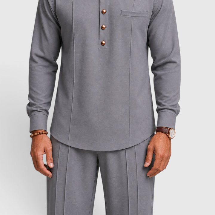 Men's Casual Mandarin Collar Cotton Two-Piece Set with Wide-Leg