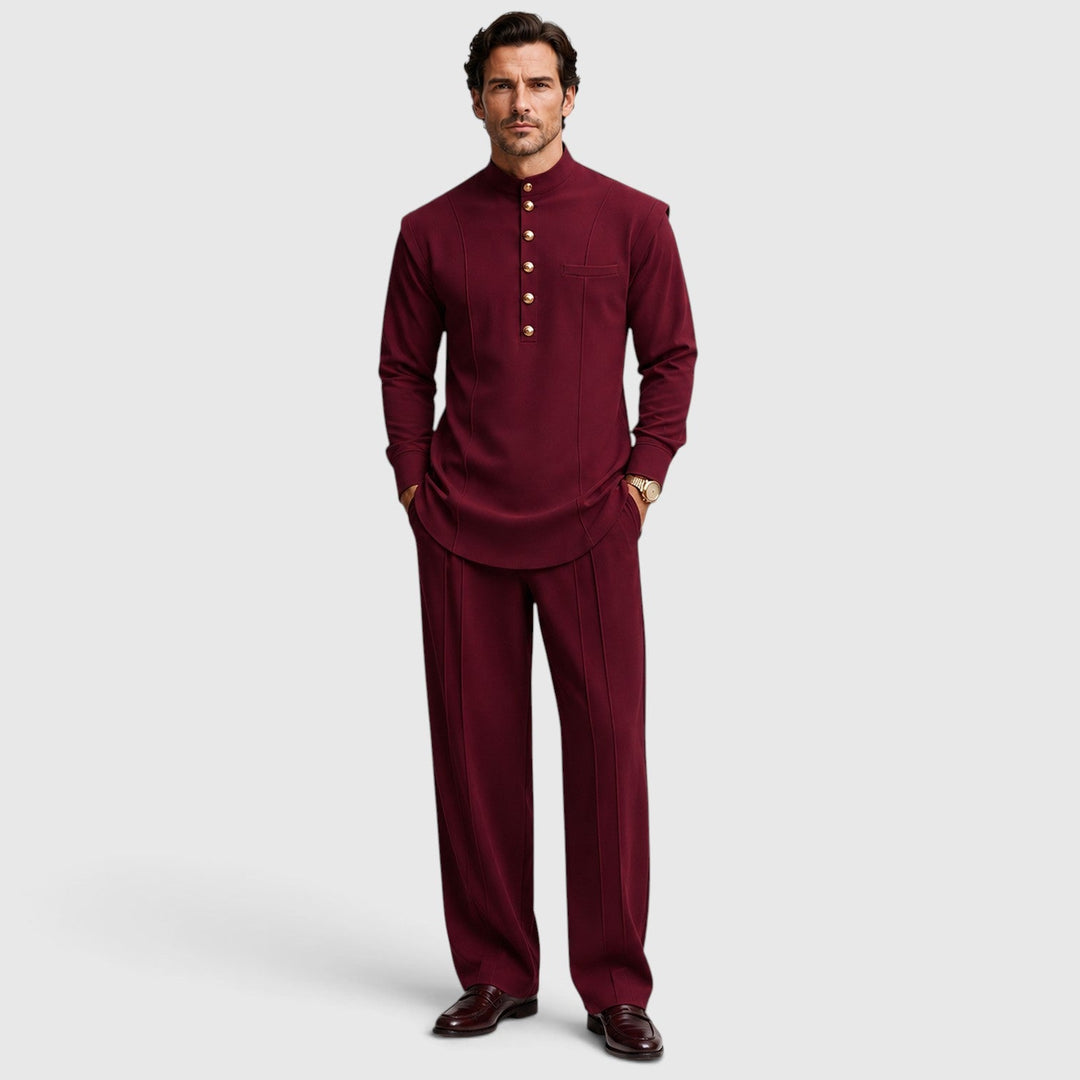 Men's Casual Mandarin Collar Cotton Two-Piece Set with Wide-Leg