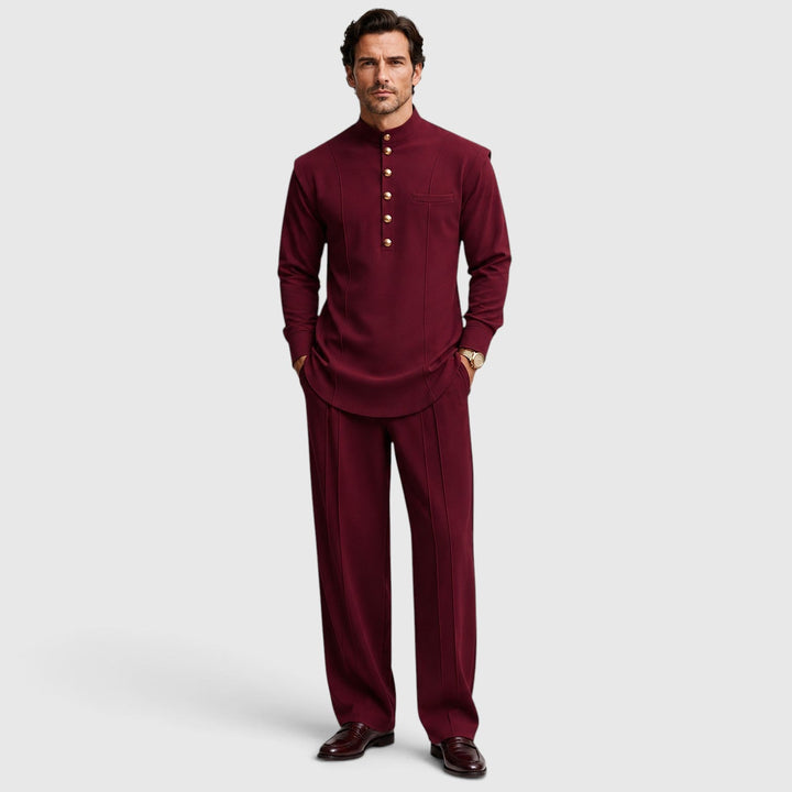 Men's Casual Mandarin Collar Cotton Two-Piece Set with Wide-Leg