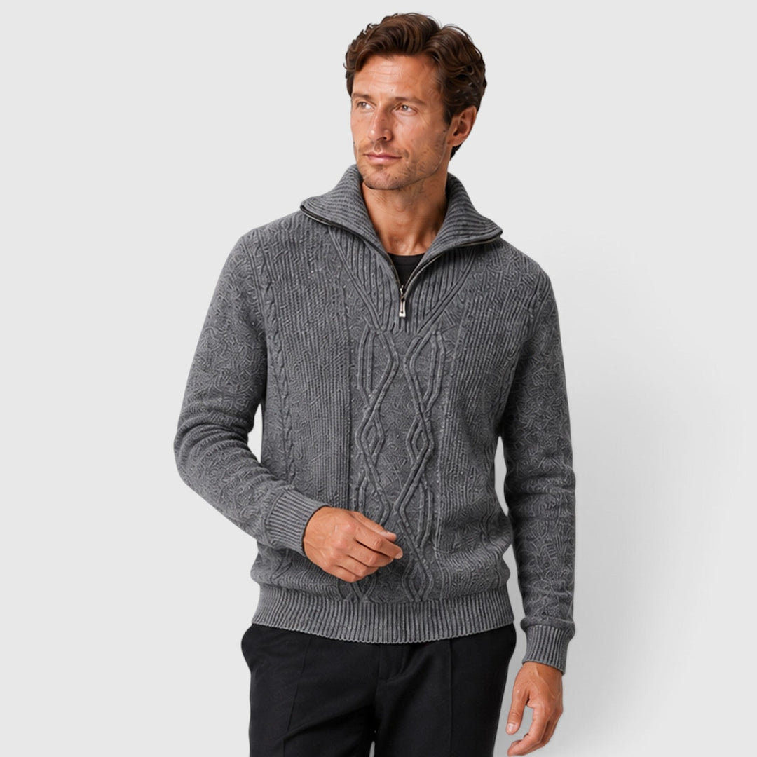 Men's Classic Pure Wool Stand Collar Diamond Knit Sweater