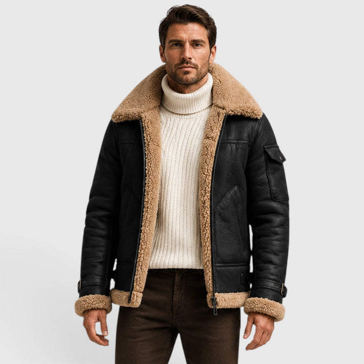Men's Classic Shearling Leather Jacket with Faux Fur Lining
