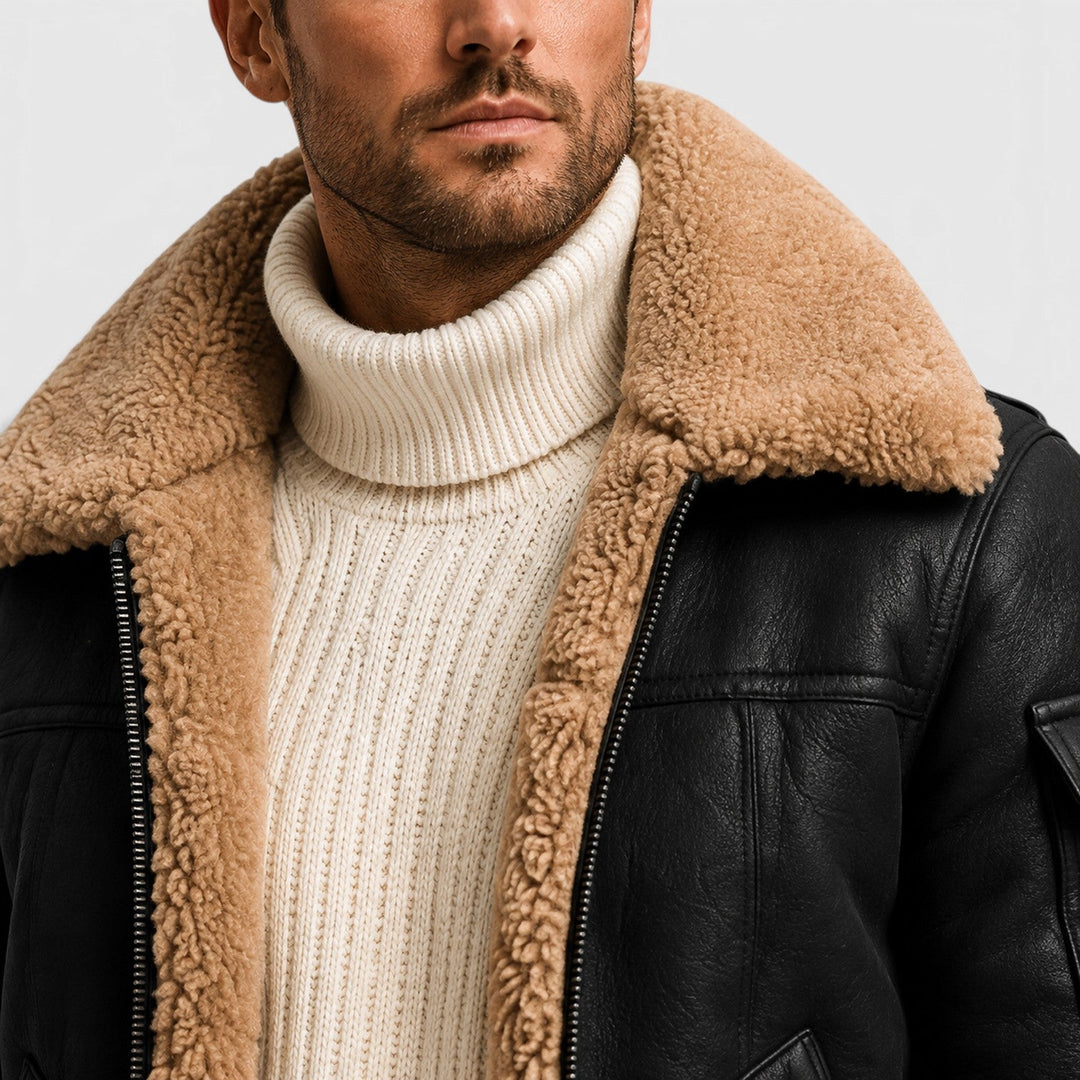 Men's Classic Shearling Leather Jacket with Faux Fur Lining