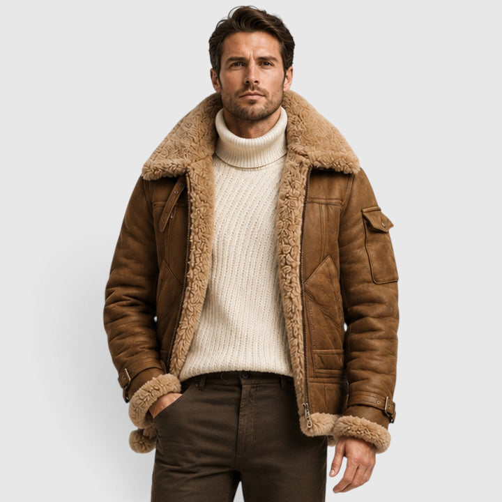Men's Classic Shearling Leather Jacket with Faux Fur Lining