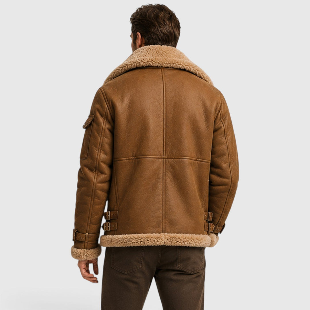 Men's Classic Shearling Leather Jacket with Faux Fur Lining