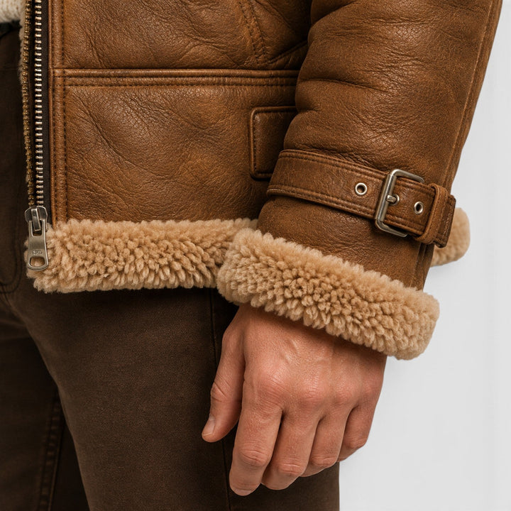 Men's Classic Shearling Leather Jacket with Faux Fur Lining