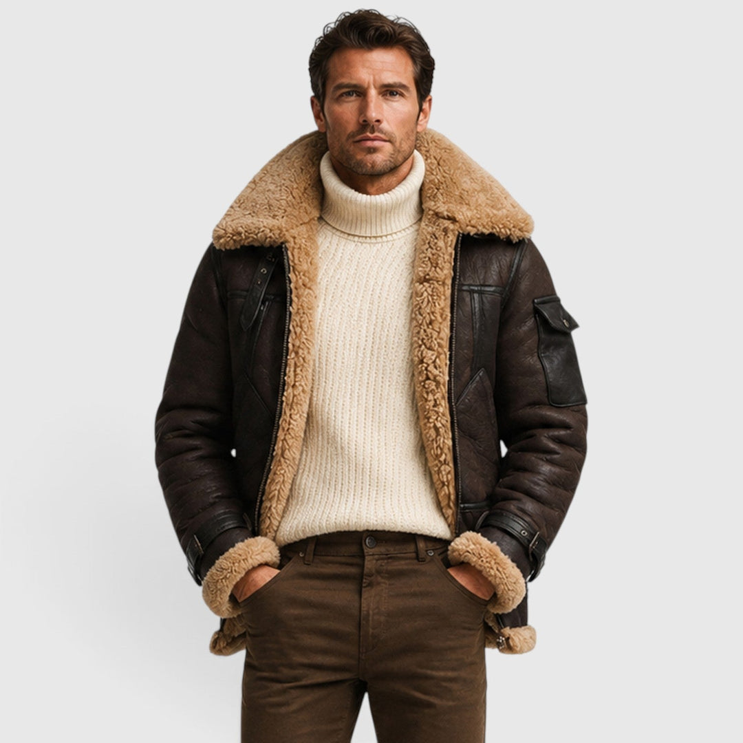 Men's Classic Shearling Leather Jacket with Faux Fur Lining