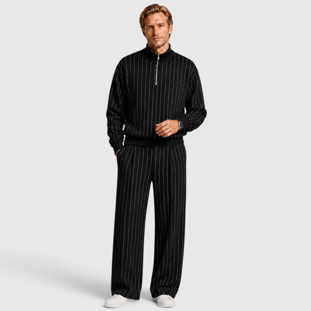 Men's Casual Striped Cotton Quarter-Zip Jumper and Trousers Set