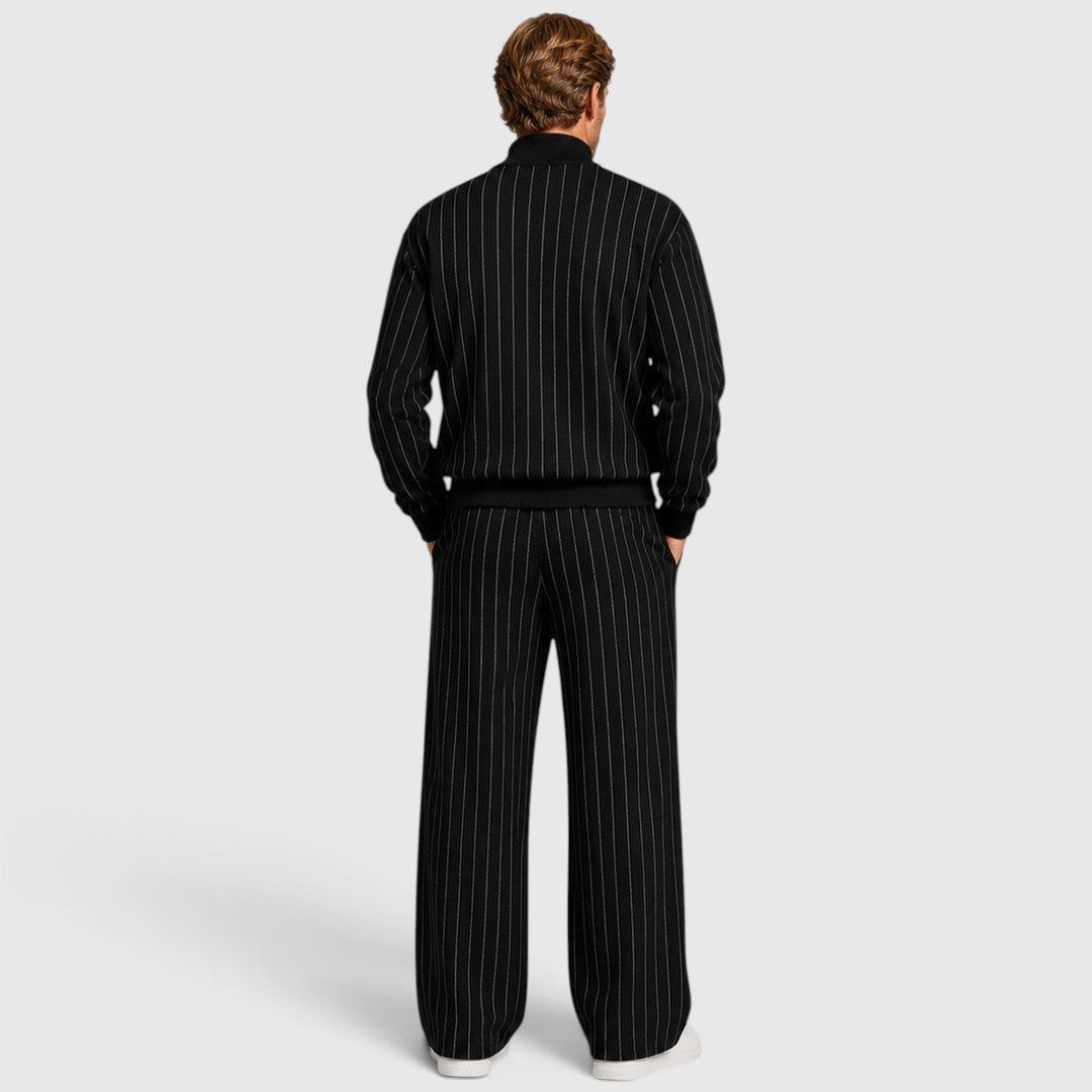 Men's Casual Striped Cotton Quarter-Zip Jumper and Trousers Set