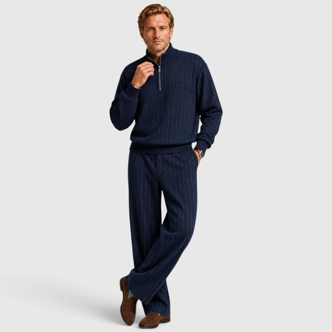 Men's Casual Striped Cotton Quarter-Zip Jumper and Trousers Set